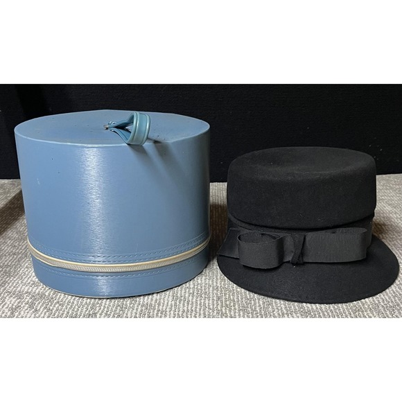 Vintage Merrimac Fur Felt Women\'s Hat Black Pillbox‎ Breton Size 7 1/8 w/ Case main image 11